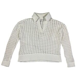 LOFT Cream V-Neck Sweater Mesh Collared Sweater Summer Sweater Coastal Preppy S